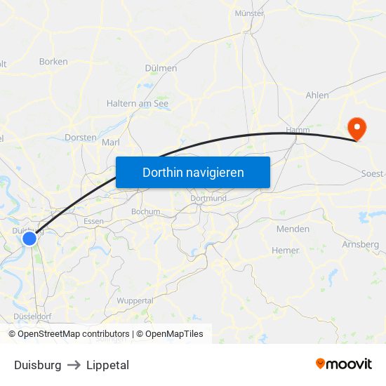 Duisburg to Lippetal map