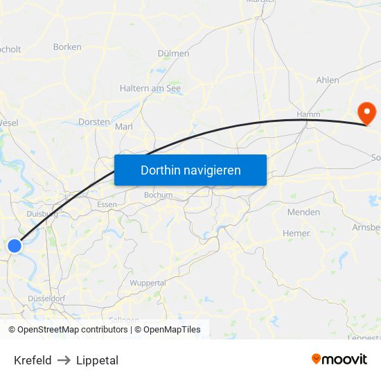 Krefeld to Lippetal map