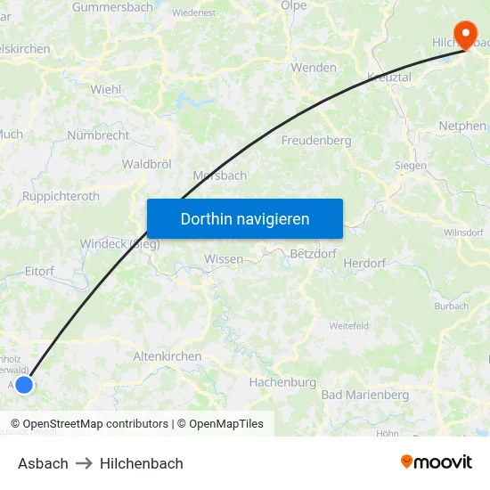 Asbach to Hilchenbach map