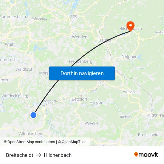 Breitscheidt to Hilchenbach map