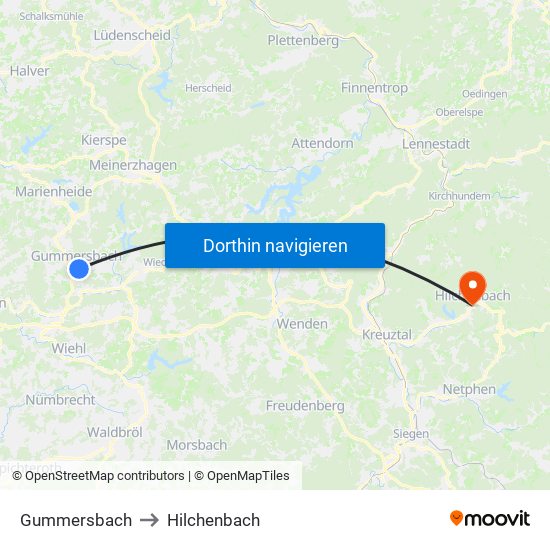 Gummersbach to Hilchenbach map