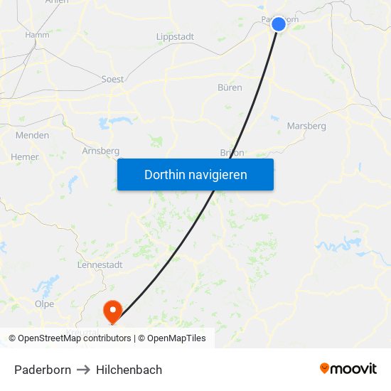 Paderborn to Hilchenbach map