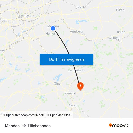 Menden to Hilchenbach map