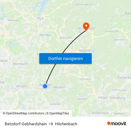 Betzdorf-Gebhardshain to Hilchenbach map