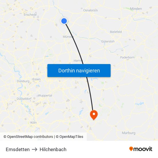 Emsdetten to Hilchenbach map