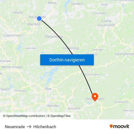 Neuenrade to Hilchenbach map