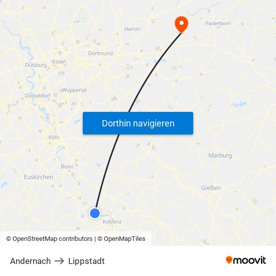 Andernach to Lippstadt map