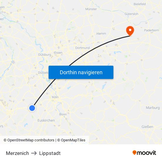 Merzenich to Lippstadt map