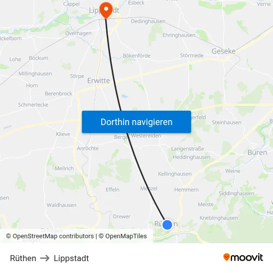 Rüthen to Lippstadt map