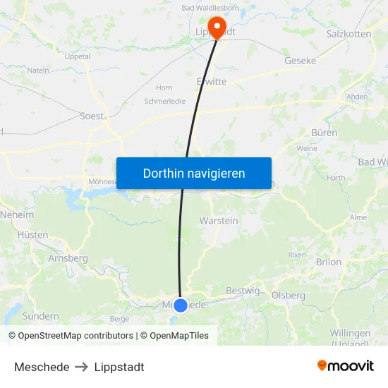 Meschede to Lippstadt map