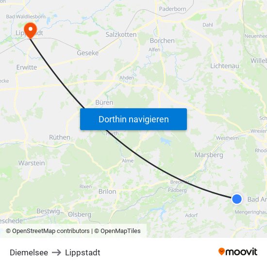 Diemelsee to Lippstadt map