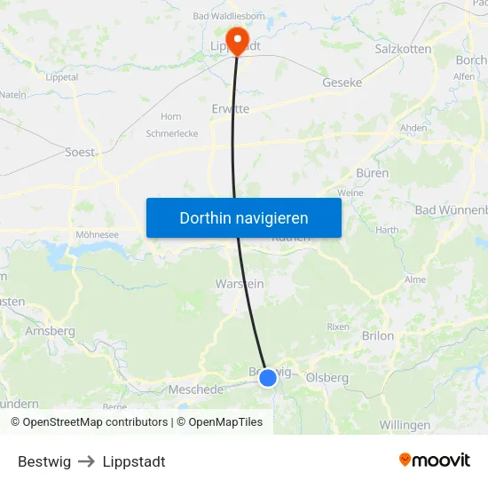 Bestwig to Lippstadt map