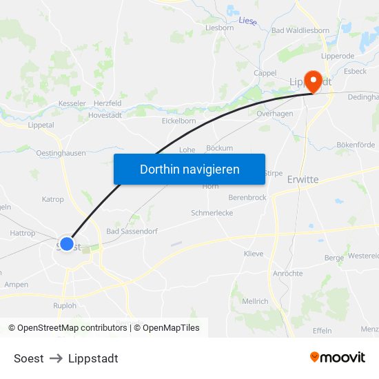 Soest to Lippstadt map