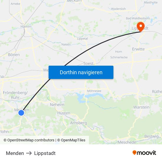 Menden to Lippstadt map