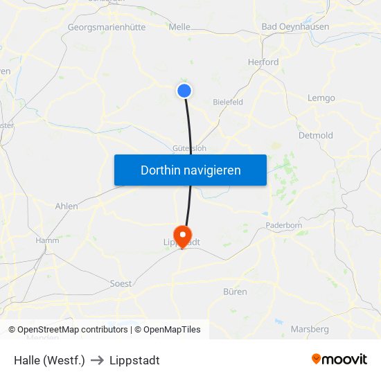 Halle (Westf.) to Lippstadt map