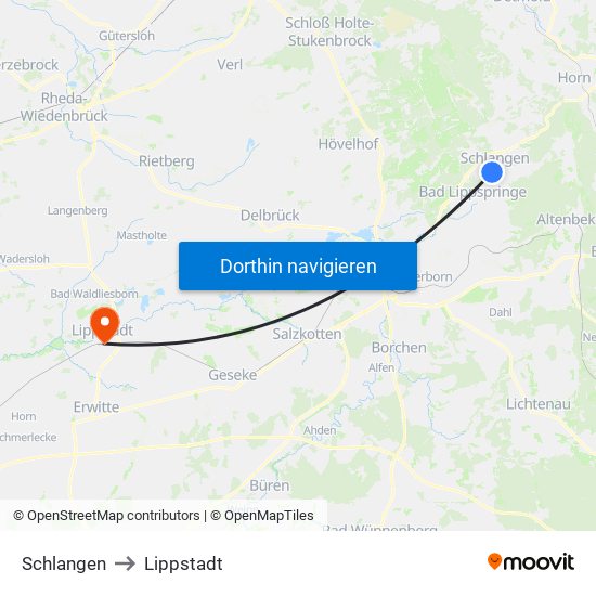 Schlangen to Lippstadt map