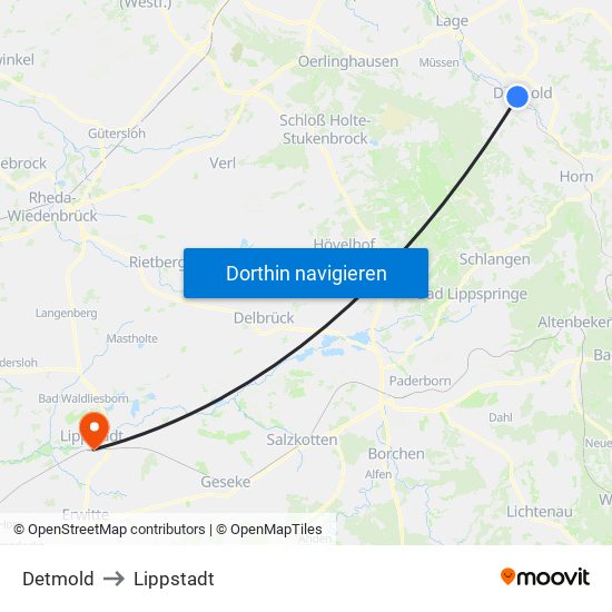 Detmold to Lippstadt map