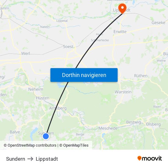 Sundern to Lippstadt map