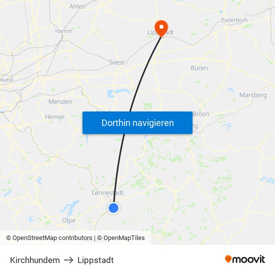 Kirchhundem to Lippstadt map