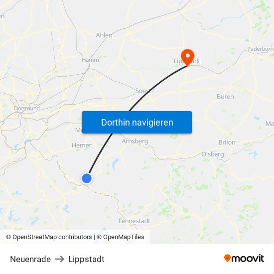 Neuenrade to Lippstadt map