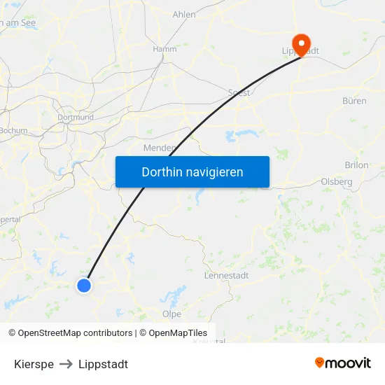 Kierspe to Lippstadt map