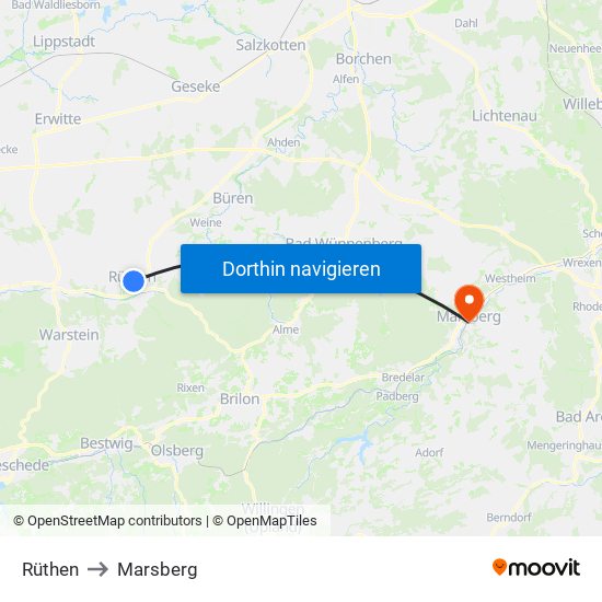Rüthen to Marsberg map