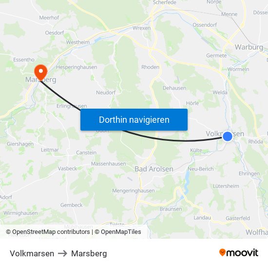 Volkmarsen to Marsberg map