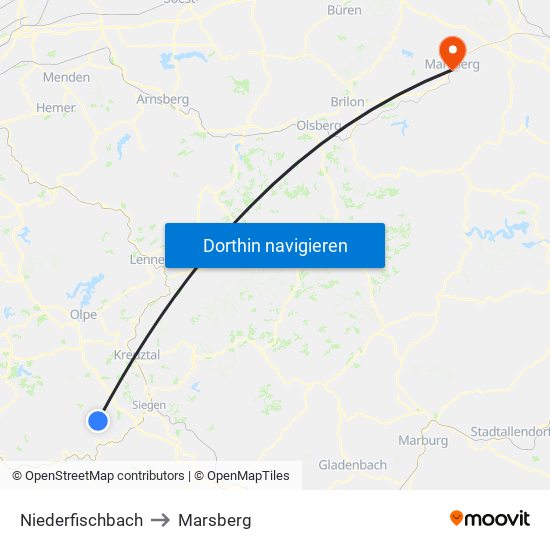 Niederfischbach to Marsberg map