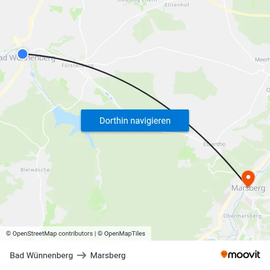 Bad Wünnenberg to Marsberg map
