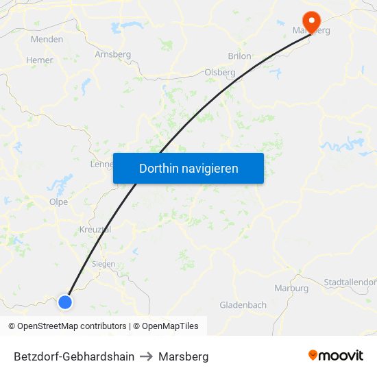 Betzdorf-Gebhardshain to Marsberg map