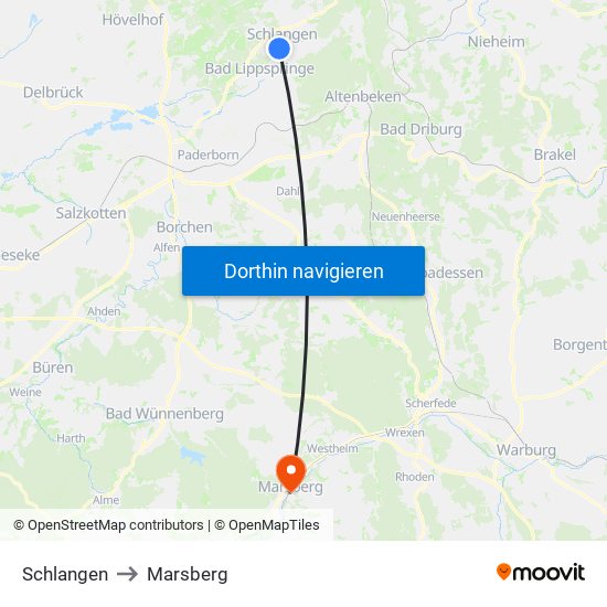 Schlangen to Marsberg map