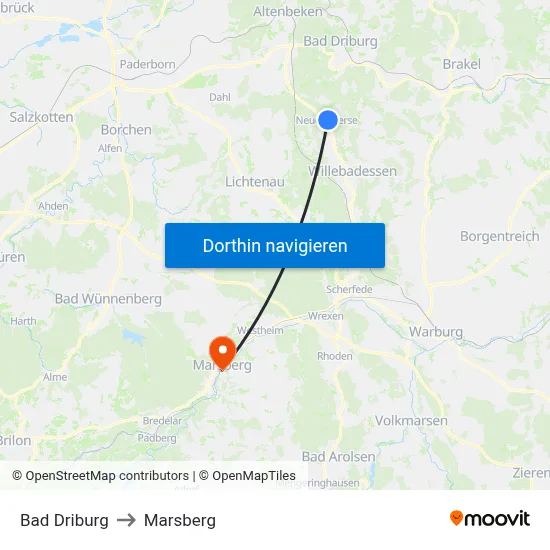 Bad Driburg to Marsberg map
