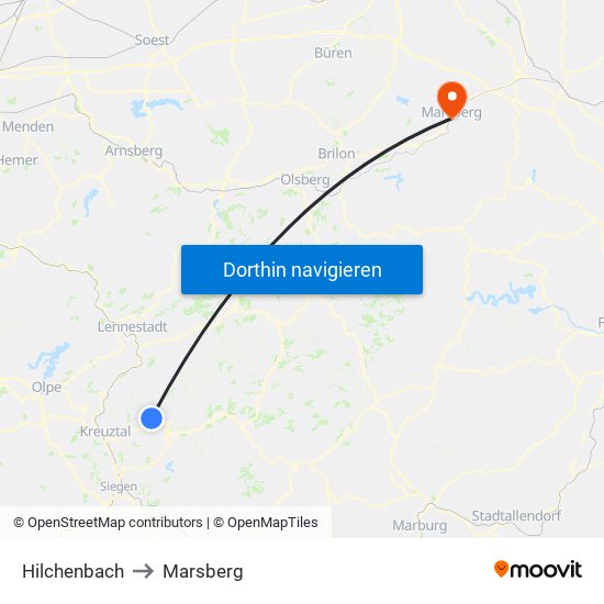 Hilchenbach to Marsberg map