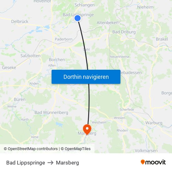 Bad Lippspringe to Marsberg map