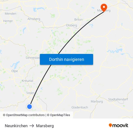 Neunkirchen to Marsberg map