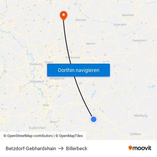 Betzdorf-Gebhardshain to Billerbeck map