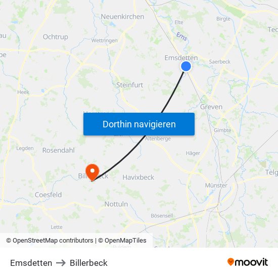 Emsdetten to Billerbeck map