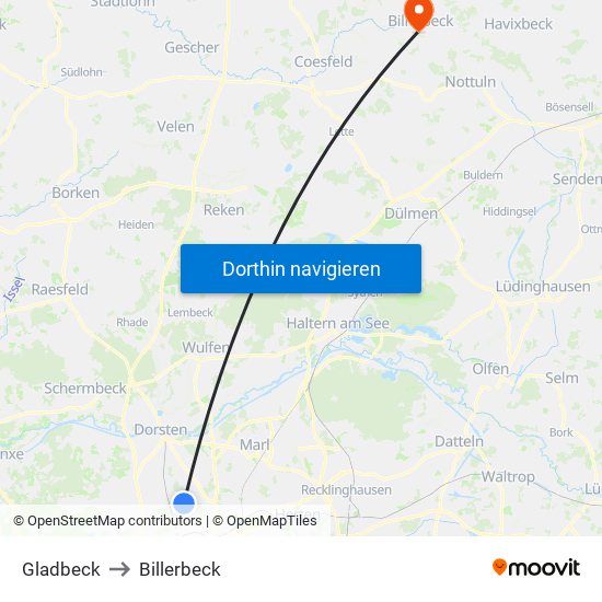 Gladbeck to Billerbeck map