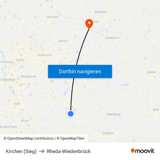 Kirchen (Sieg) to Rheda-Wiedenbrück map