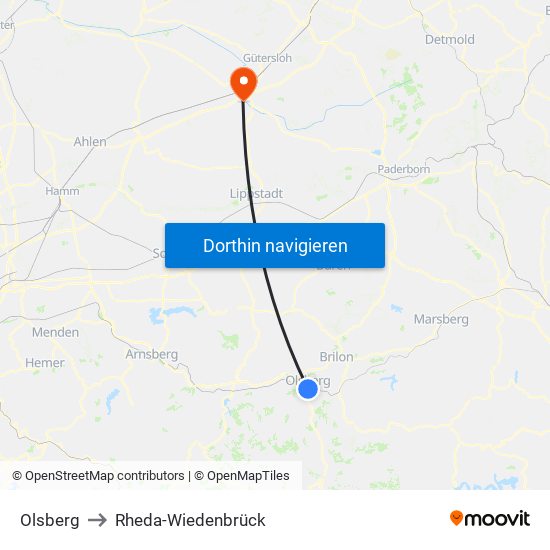 Olsberg to Rheda-Wiedenbrück map