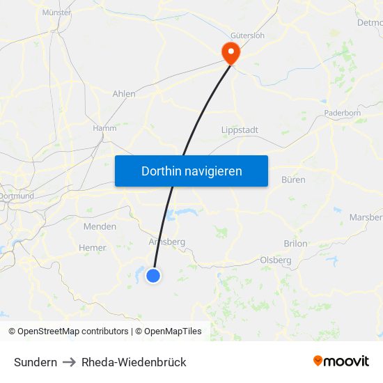 Sundern to Rheda-Wiedenbrück map