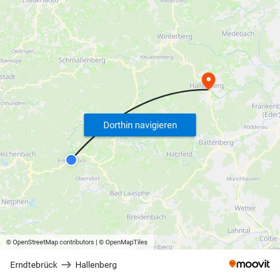 Erndtebrück to Hallenberg map
