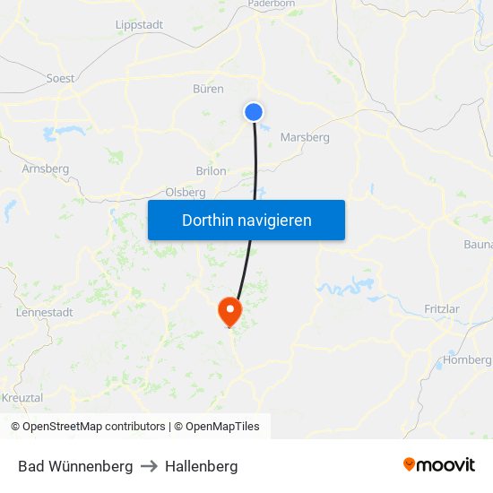 Bad Wünnenberg to Hallenberg map