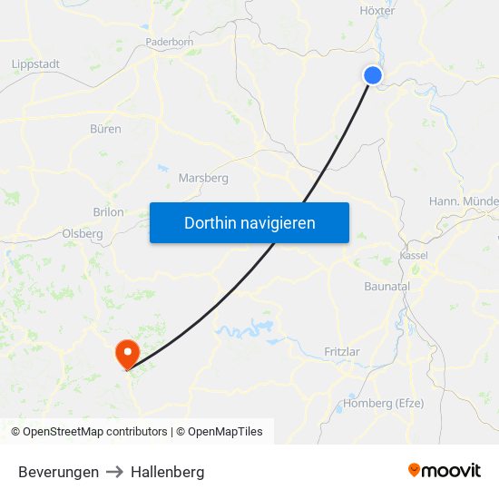 Beverungen to Hallenberg map