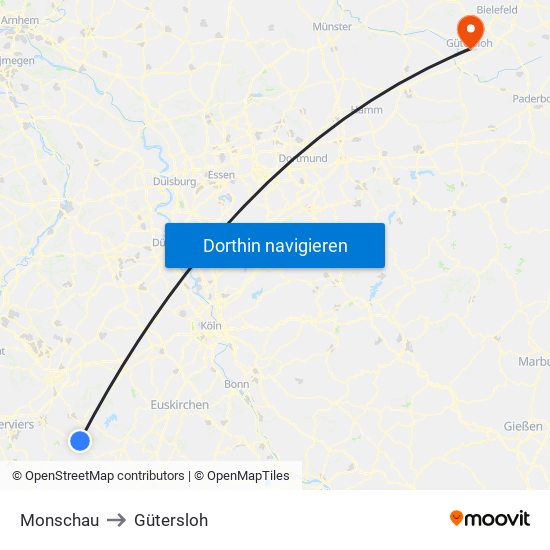 Monschau to Gütersloh map