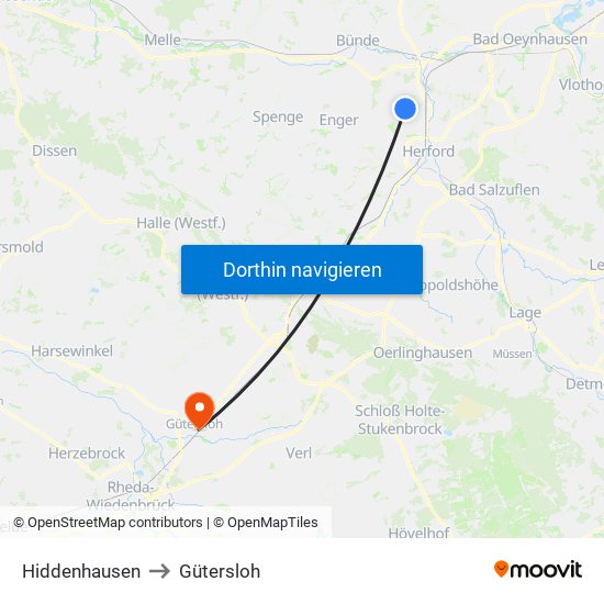 Hiddenhausen to Gütersloh map