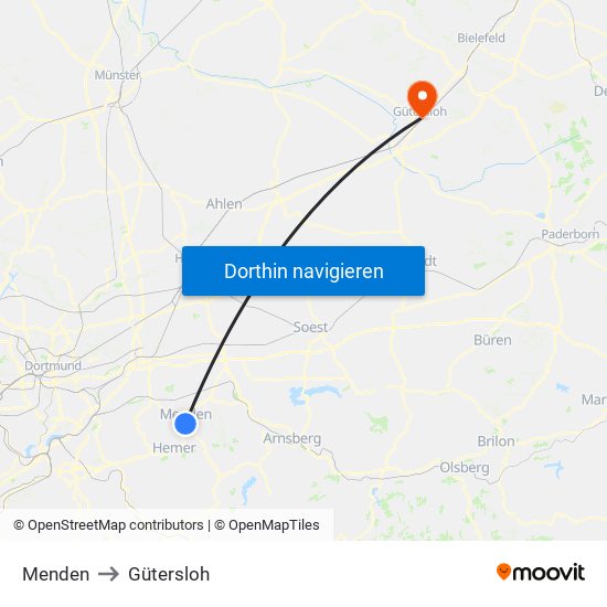 Menden to Gütersloh map