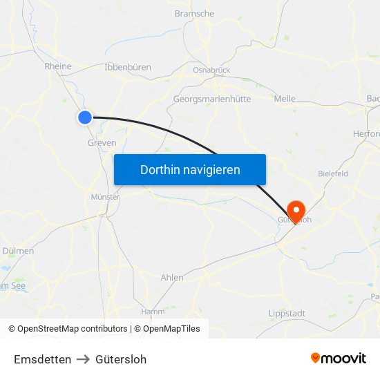 Emsdetten to Gütersloh map