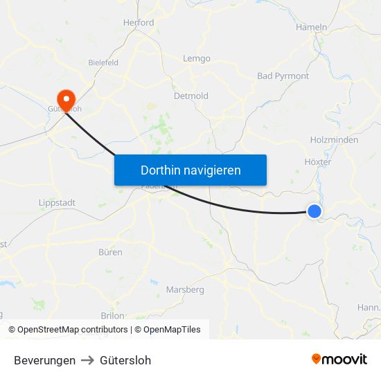Beverungen to Gütersloh map