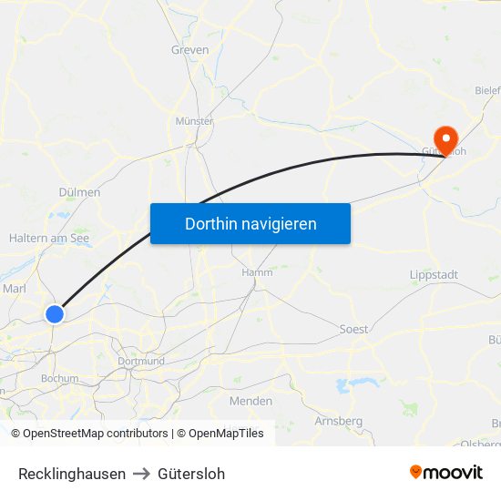 Recklinghausen to Gütersloh map